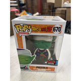 Actual condition photo of Funko Pop! Piccolo #670, showing the 2019 Fall Convention sticker, window and worn upper-right box corner.