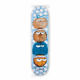 Kevin Lyons 96 Knicks skateboard deck with stacked orange and blue monster faces on a light blue background — publisher photo